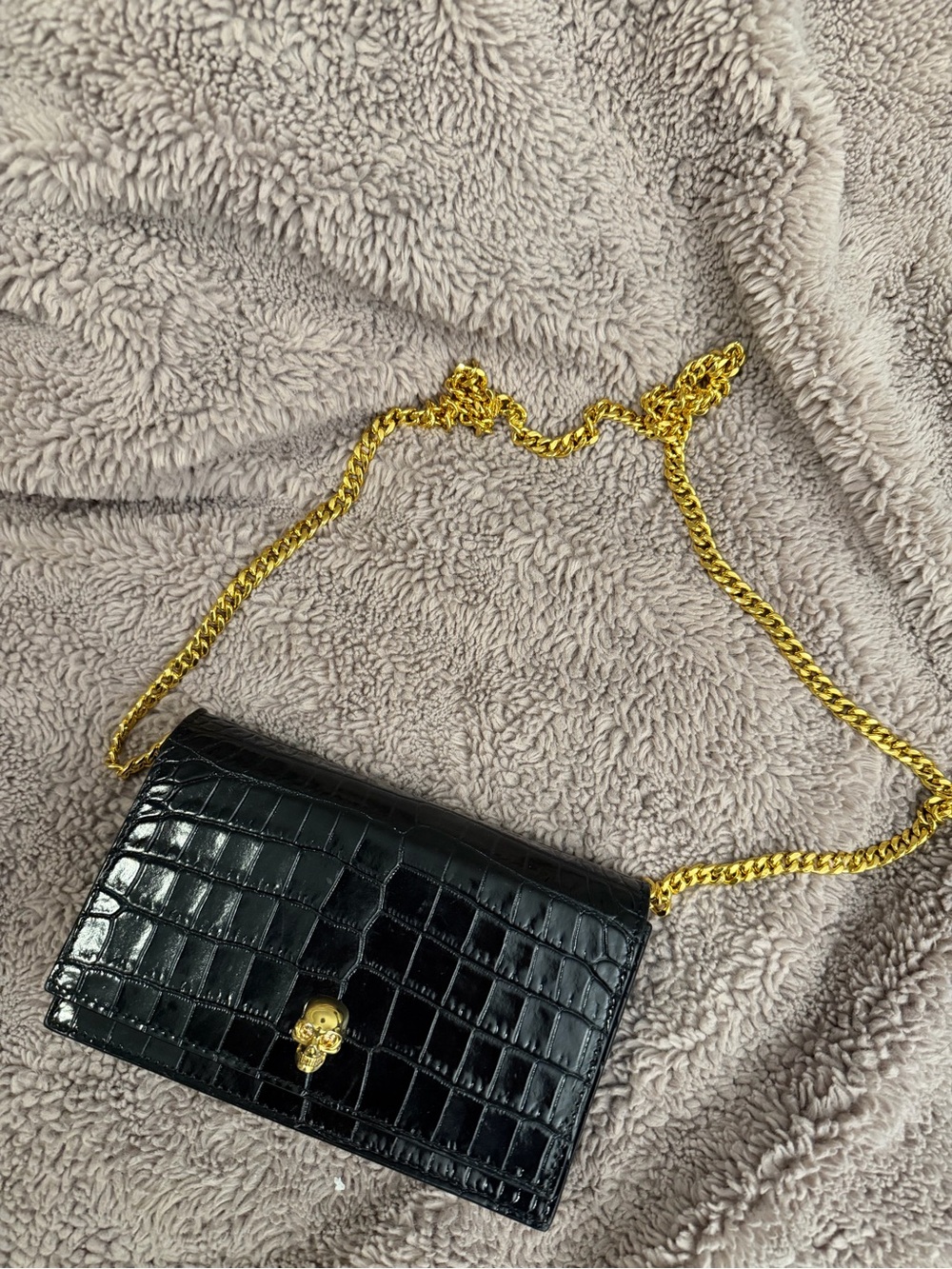 Alexander McQueen Black Croc-Embossed Crossbody with Gold Chain